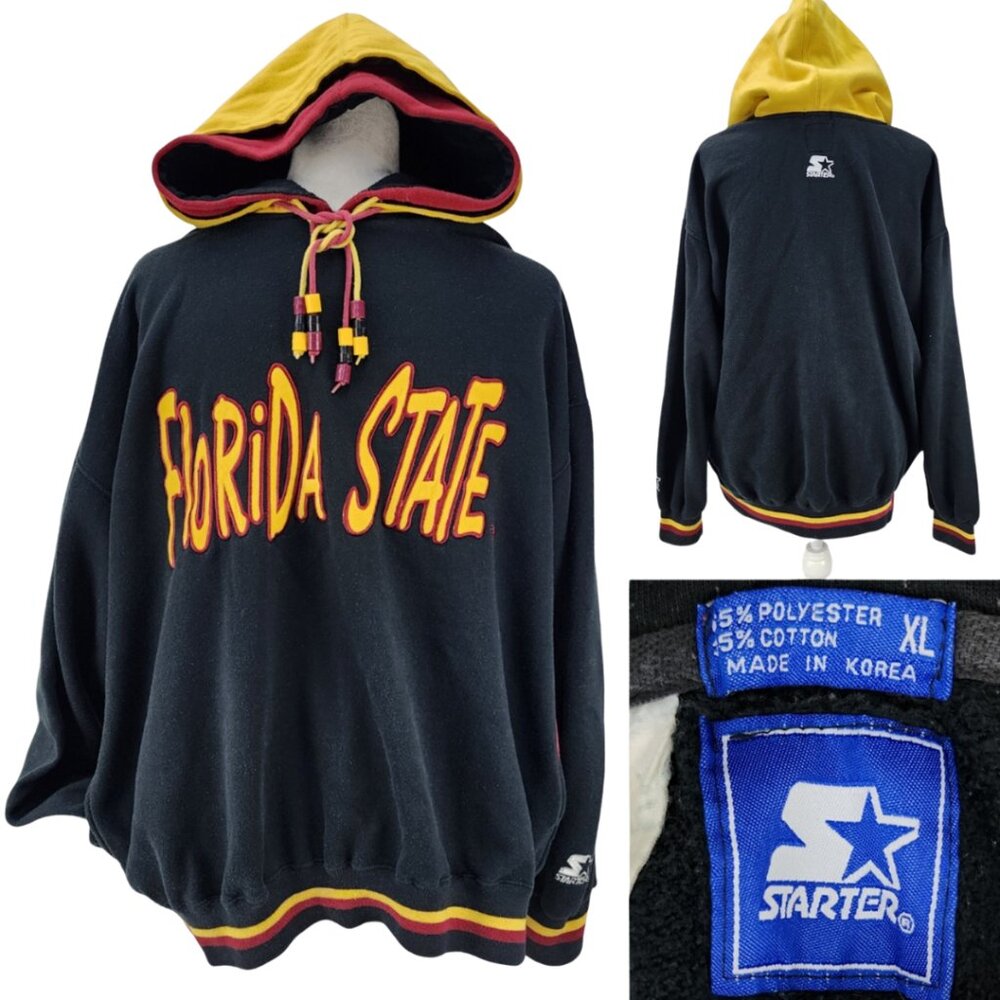 Vtg 90s Starter FSU Mens XL Double Hooded Sweatshirt Florida State Embroidered